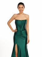 Serilda | Dark Green Strapless Sheath Satin Long Prom Dress With Split - KissProm