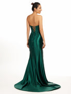 Serilda | Dark Green Strapless Sheath Satin Long Prom Dress With Split - KissProm