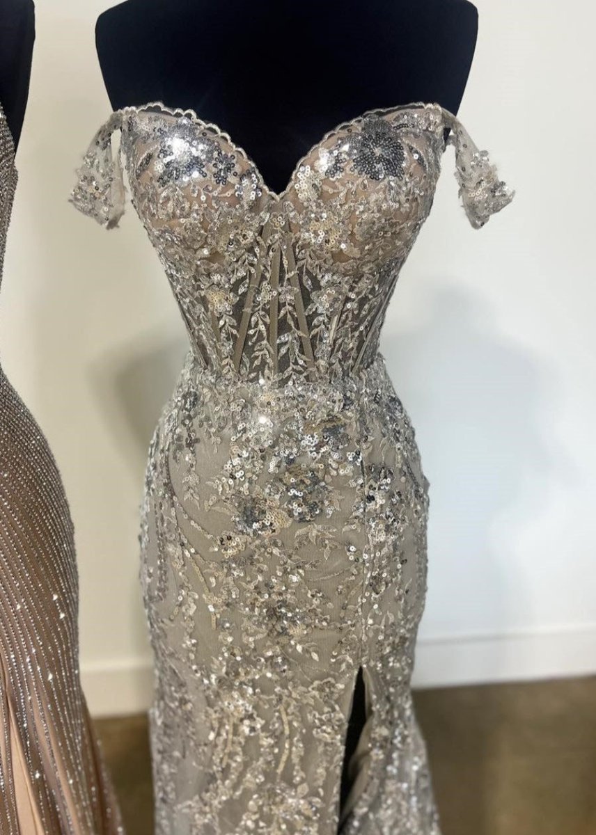 Soleil | Gold Sequin Lace Off the Shoulder Mermaid Prom Dress - KissProm