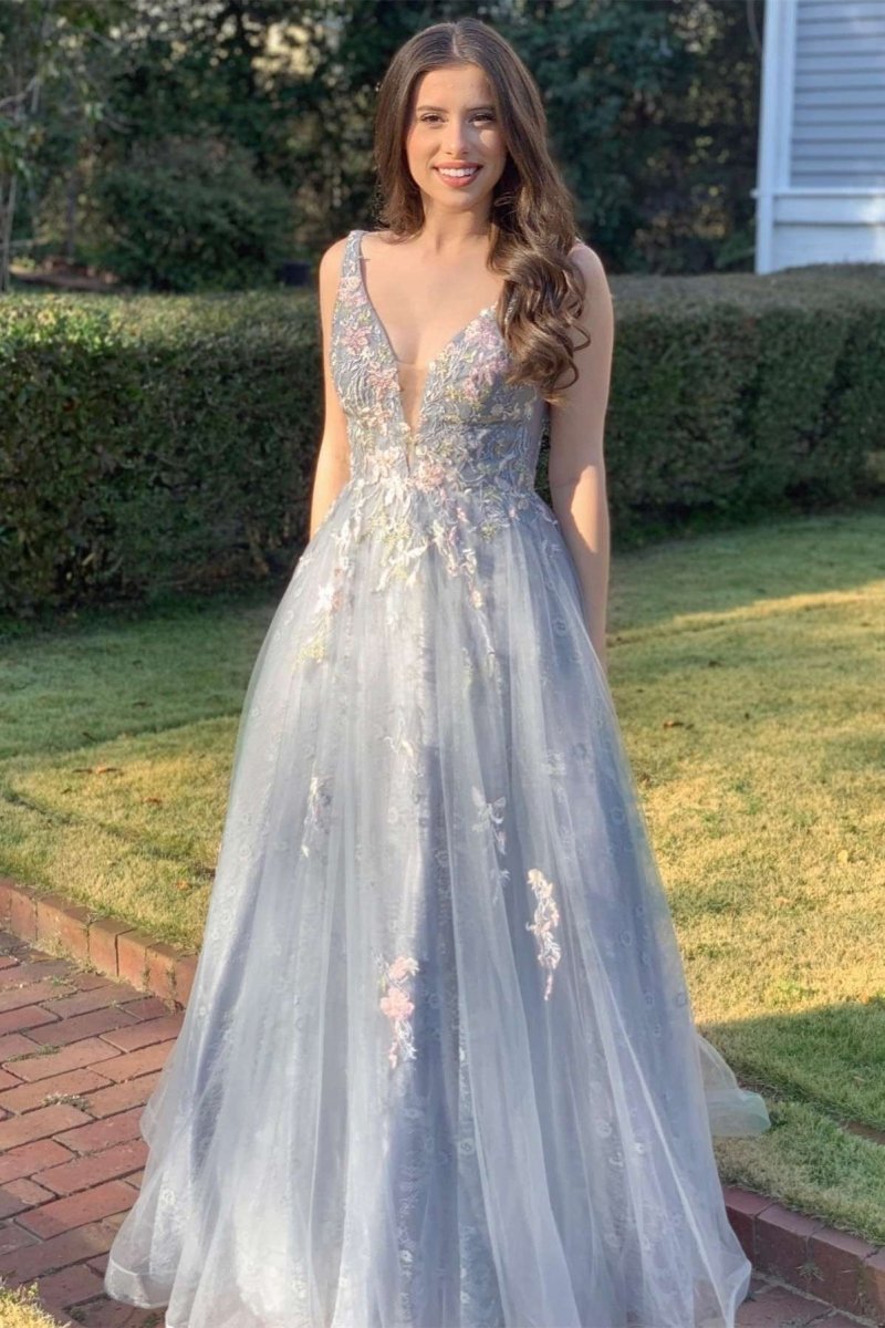 Light Gray Tulle Appliques V - Neck A - Line Long Prom Gown - KissProm