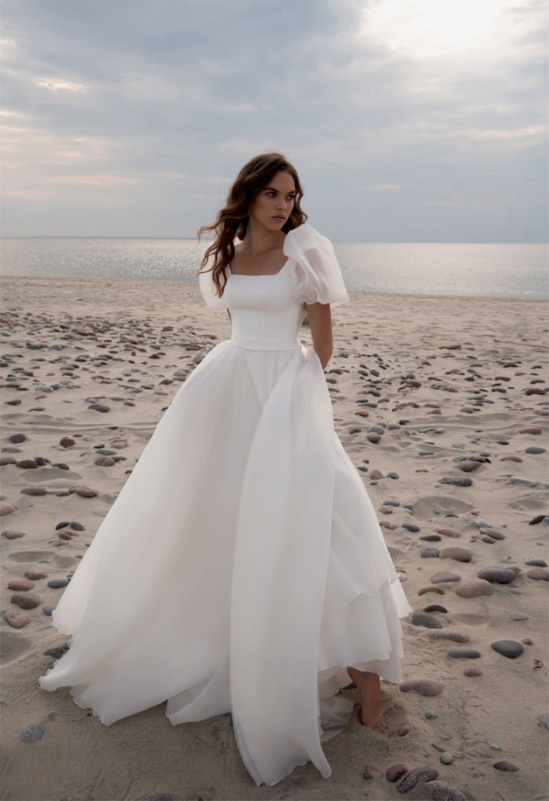 Charming A Line Square Neck Short Sleeves Wedding Dresses with Train KissProm