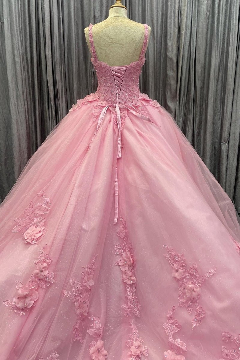 Braelynn | Pink Tulle Floral Appliques Sweetheart Lace - Up Quinceanera Dress - KissProm