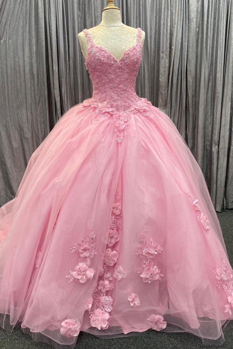 Braelynn | Pink Tulle Floral Appliques Sweetheart Lace - Up Quinceanera Dress - KissProm