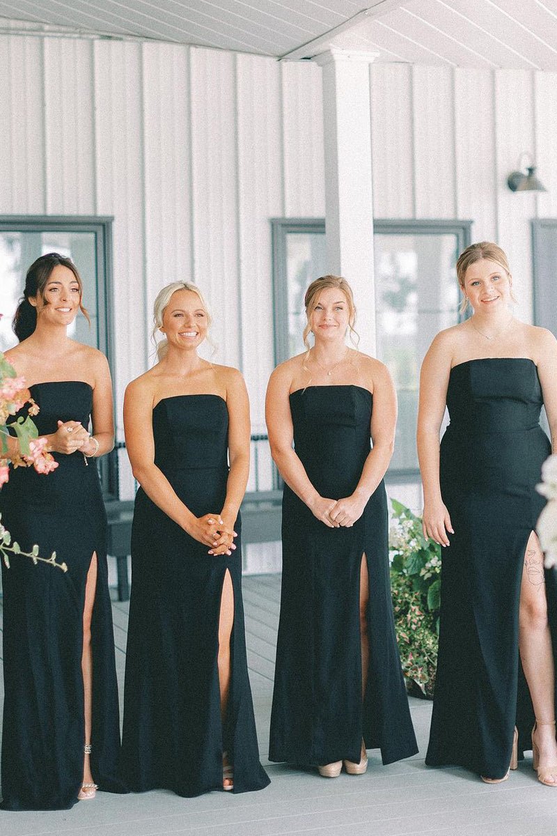 Black Strapless Long Bridesmaid Dresses with Slit - KissProm