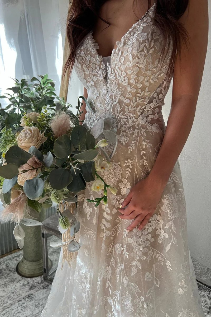 Exquisite A - Line V Neck Lace Boho Wedding Dresses - KissProm