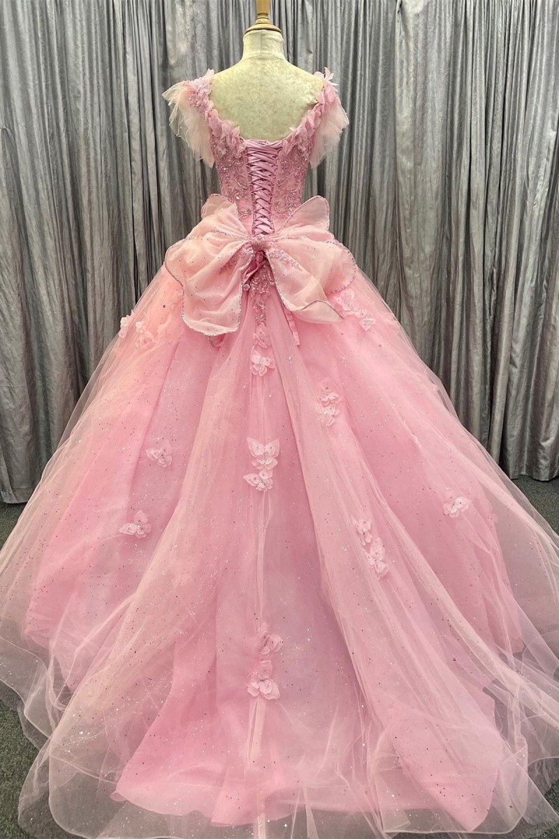 Pink Tulle 3D Floral Lace Bow - Back Quinceanera Dress with Flutter Sleeves - KissProm