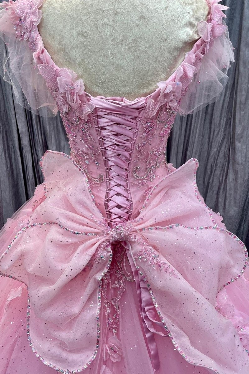 Pink Tulle 3D Floral Lace Bow - Back Quinceanera Dress with Flutter Sleeves - KissProm