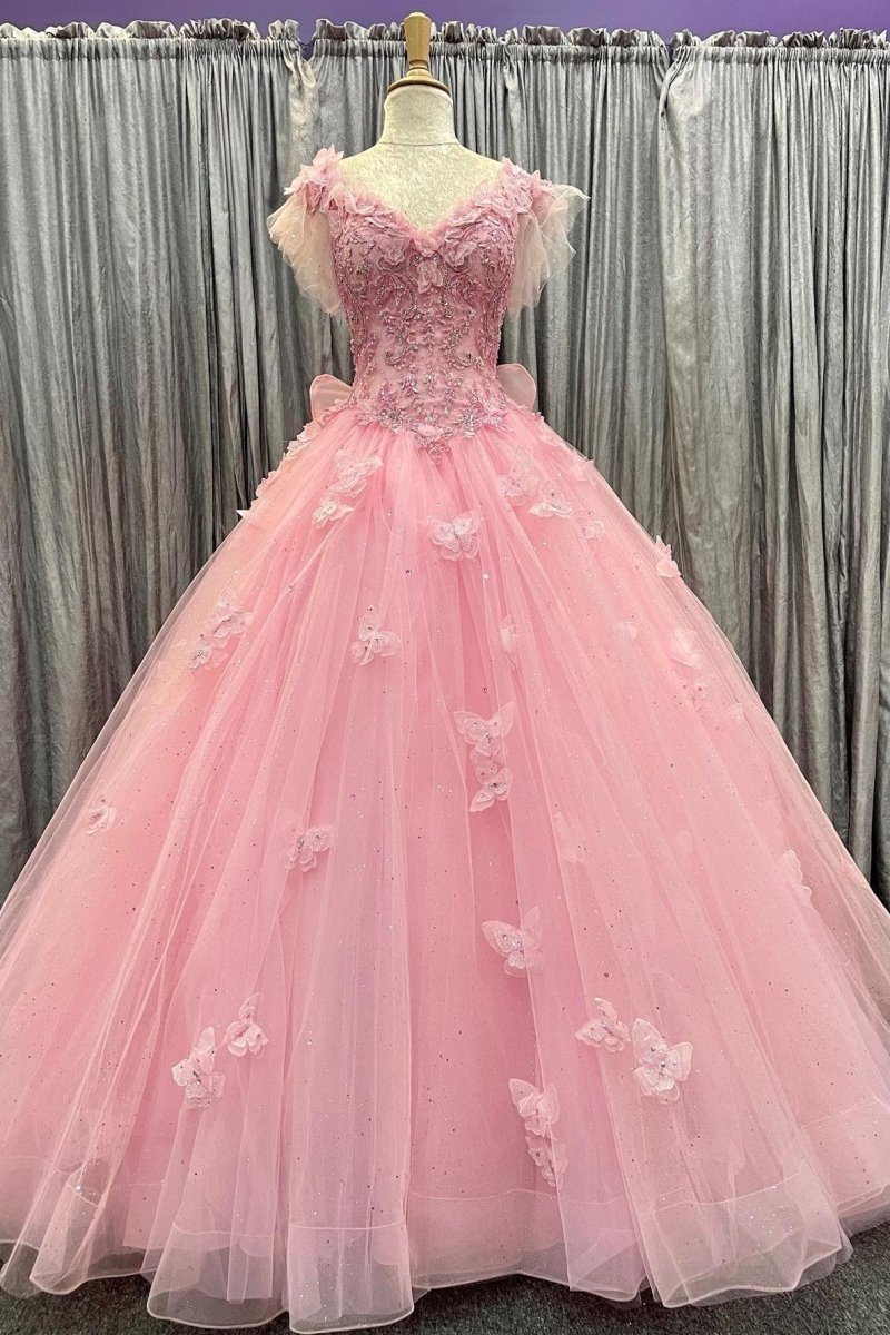 Pink Tulle 3D Floral Lace Bow - Back Quinceanera Dress with Flutter Sleeves - KissProm