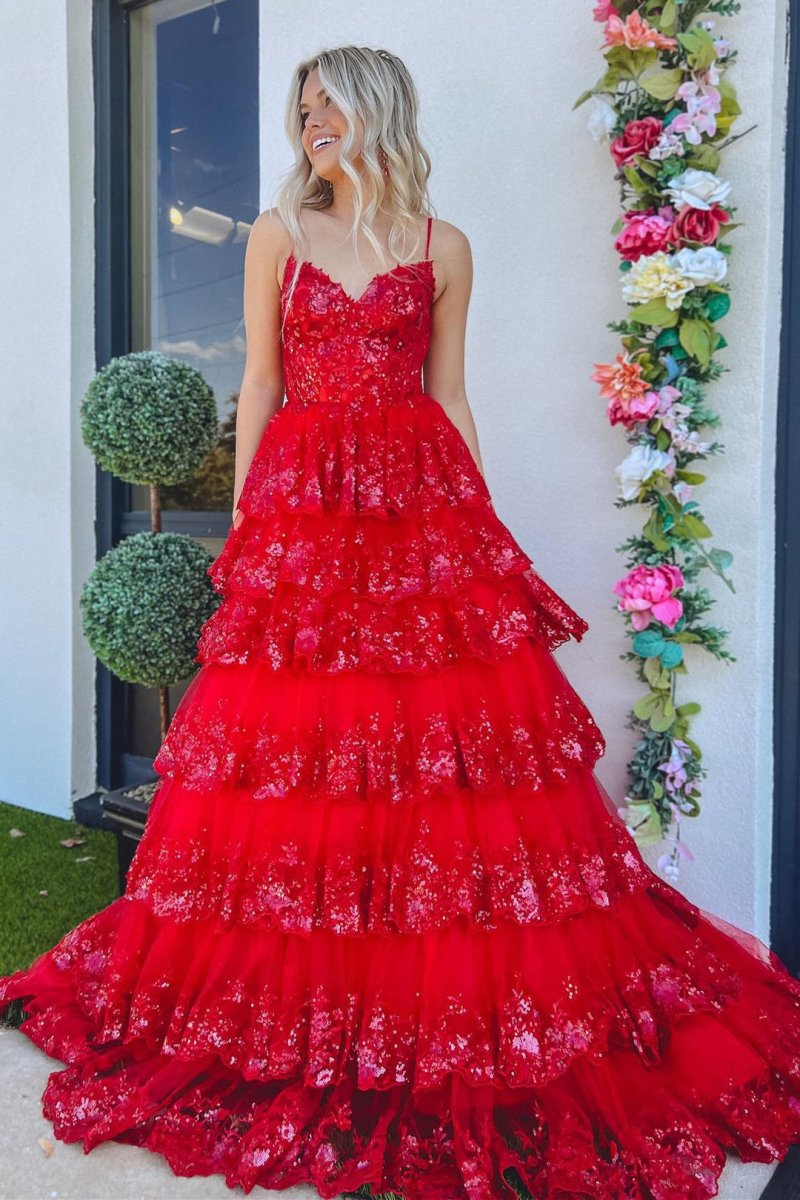 Maryam |A Line Spaghetti Straps Tiered Lace Prom Dress - KissProm