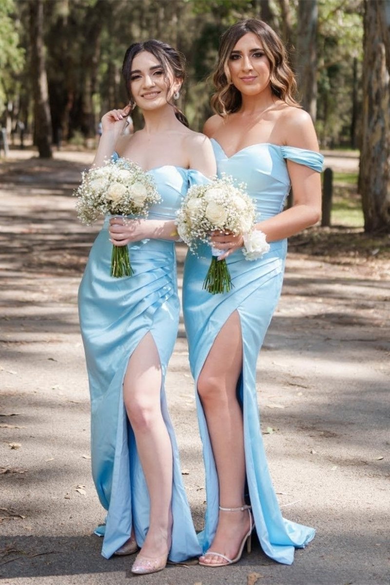 Blue Off - the - Shoulder Pleated Long Bridesmaid Dress with Slit - KissProm