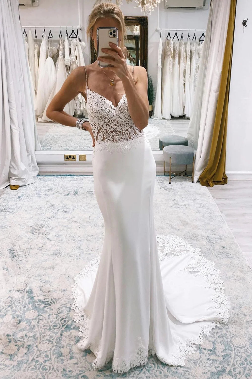 Stunning Mermaid V Neck White Satin Lace Wedding Dresses with Train ...