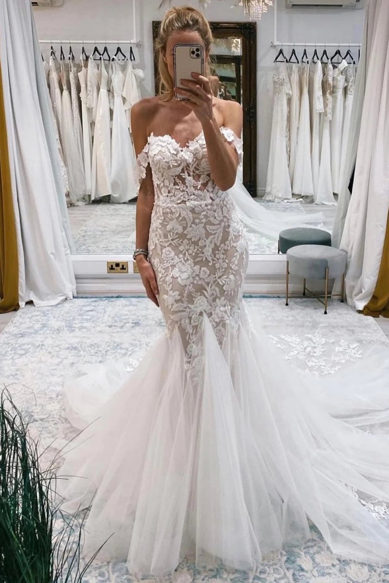 Ivory Off the Shoulder Long Lace Mermaid Wedding Dress - KissProm