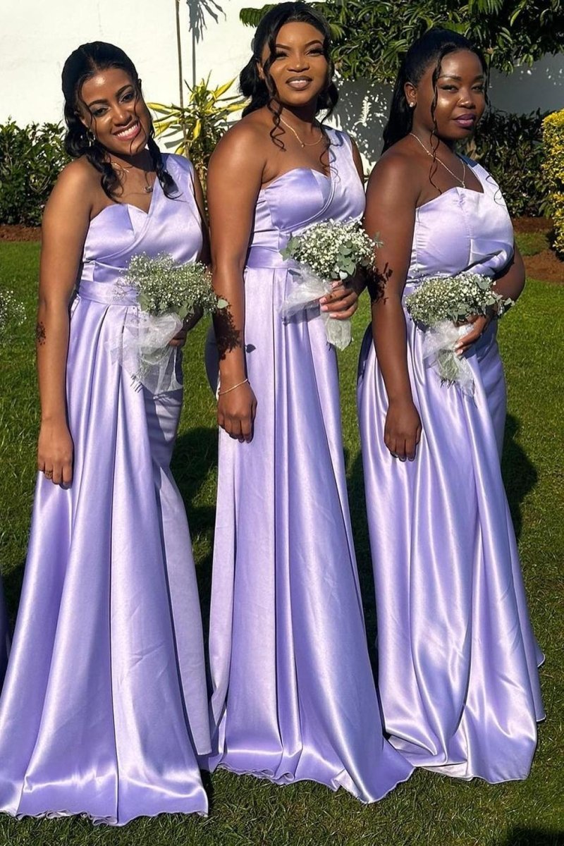 One Shoulder Lavender Sheath Long Bridesmaid Dress - KissProm