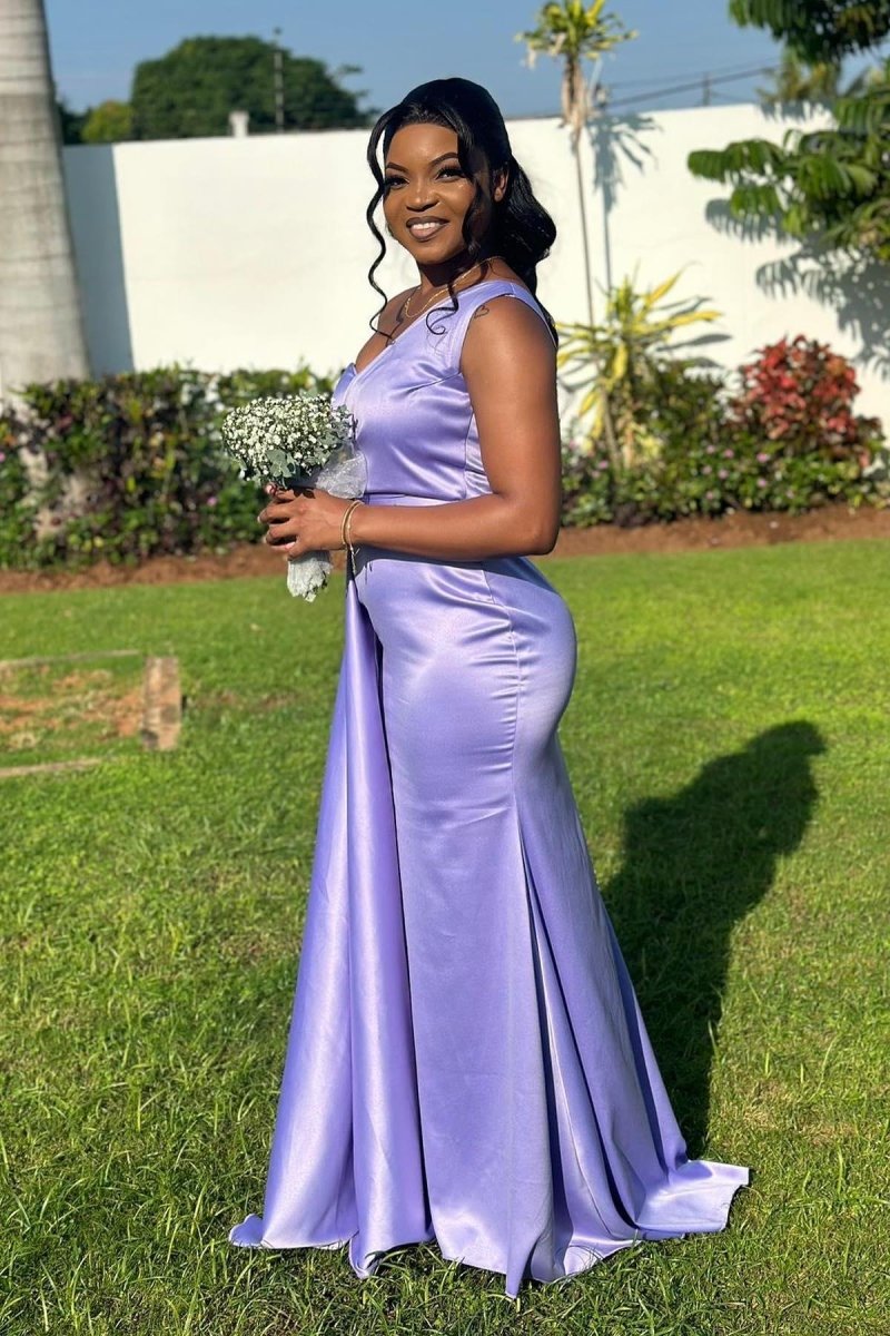 One Shoulder Lavender Sheath Long Bridesmaid Dress - KissProm