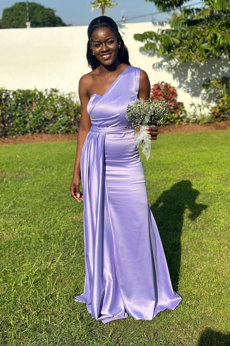 One Shoulder Lavender Sheath Long Bridesmaid Dress - KissProm