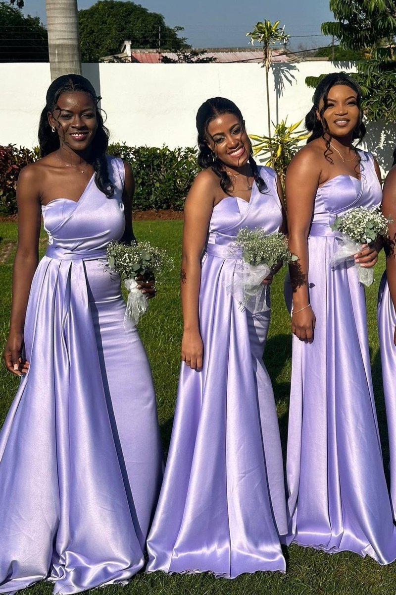 One Shoulder Lavender Sheath Long Bridesmaid Dress - KissProm