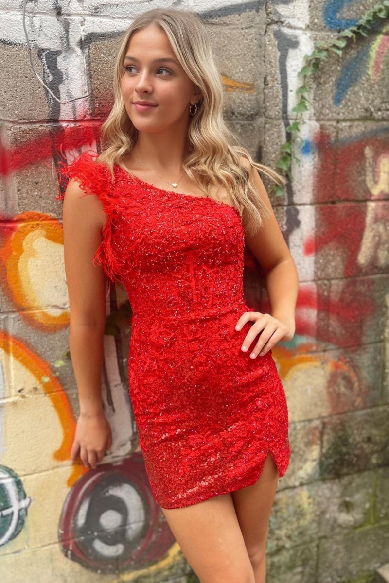 Nalani | One - Shoulder Red Sequin Lace Short Homecoming Dress with Feathers - KissProm