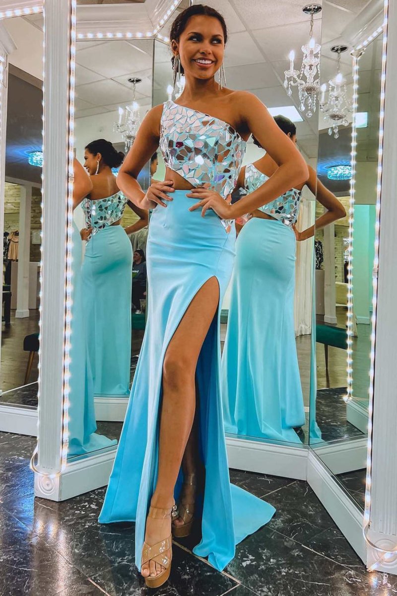 Ashley |Sheath One Shoulder Cut Mirror Sequins Prom Dress - KissProm