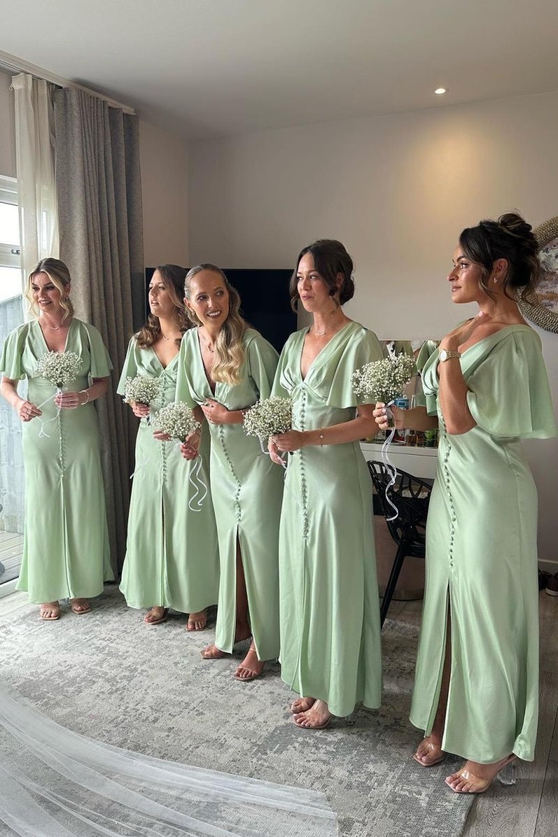 Flare Sleeves Sage Green Bridesmaid Dress with Buttons - KissProm