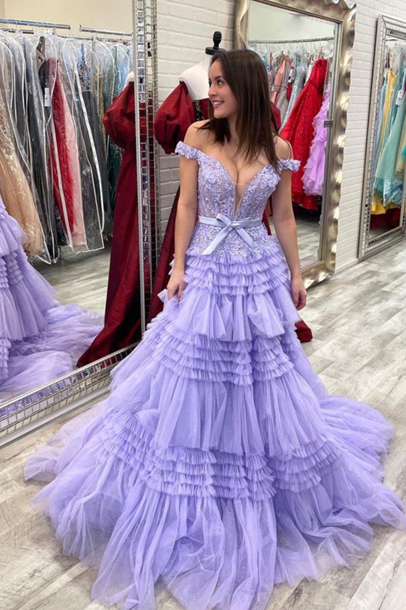 Princess A Line Off the Shoulder Light Pink Long Prom Dress with Ruffles - KissProm