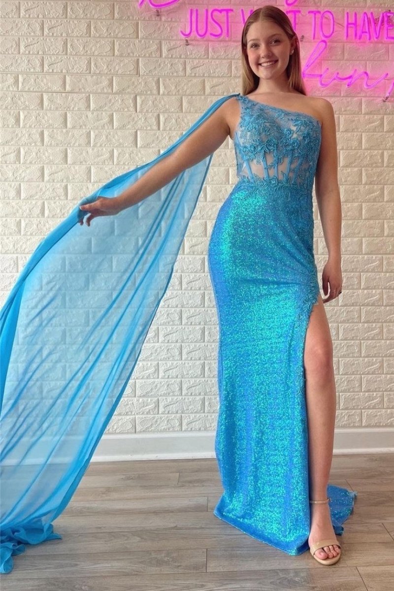 Green Sequin Lace One - Shoulder Long Formal Dress with Attached Train - KissProm