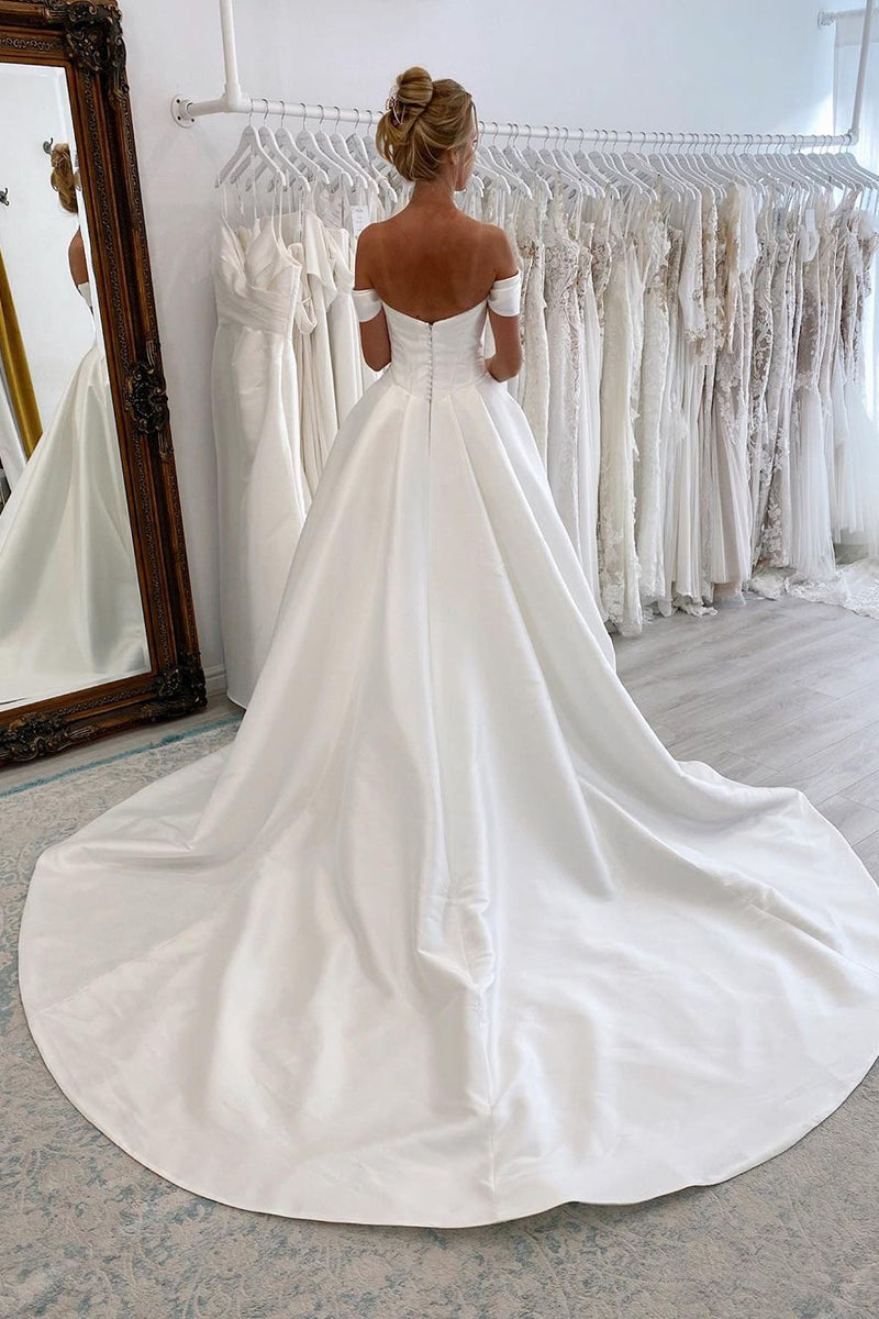 Elly | Elegant A - Line Off the Shoulder White Satin Wedding Dresses - KissProm