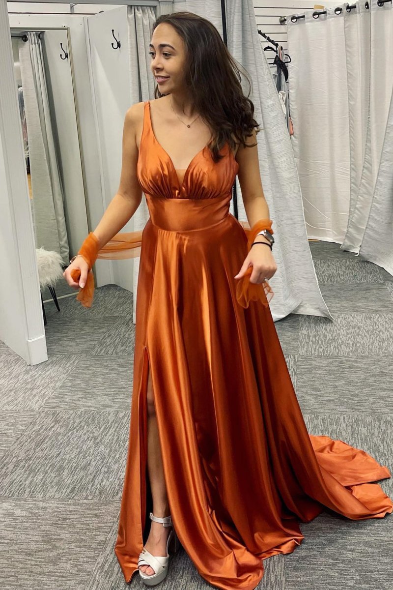 Rust Orange Deep V Neck Pleated Satin Straps Long Bridesmaid Dress with Slit - KissProm