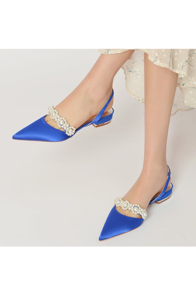 Satin Pointed Toe Pearl Kitten Heels - KissProm