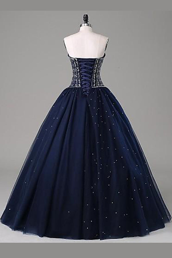 Quinceanera Dress Navy Blue Ball Gown Floor Length Sweetheart Sleeveless Mid Back Prom Dresses