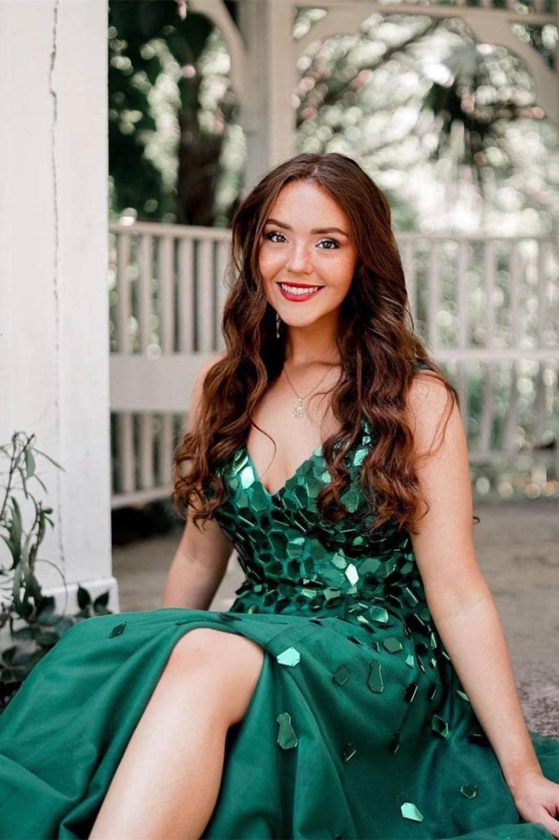 Shelly | A - Line Green V - Neck Sequins Long Prom Dress - KissProm