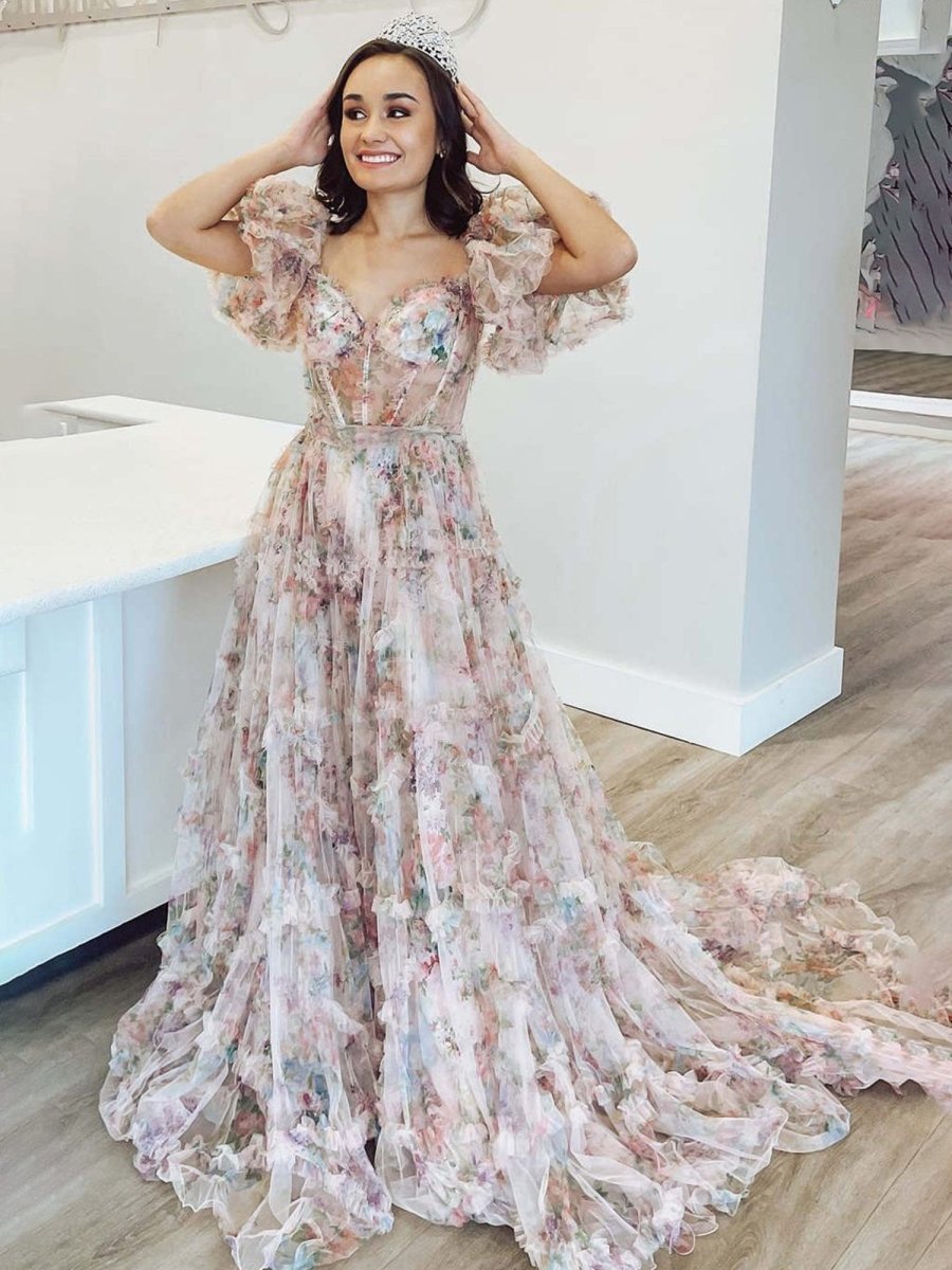 Sydney |A Line Off The Shoulder Floral Tulle Prom Dress - KissProm