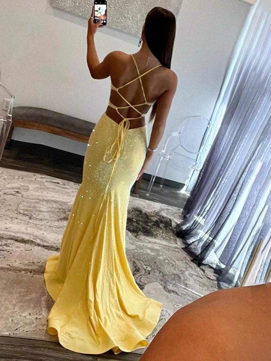 Glint | Sparkly Mermaid V Neck Yellow Sequins Long Prom Dresses - KissProm