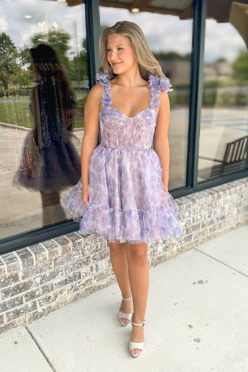 Xella | Cute A-Line Sweetheart Lavender Floral Printed Short Homecoming Dresses