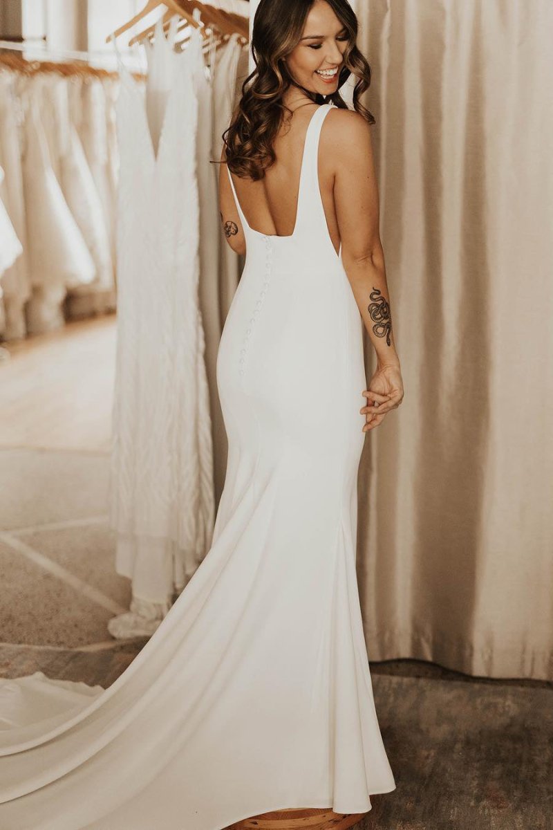 Miley | Long Square Neck Mermaid White Wedding Dress - KissProm