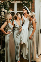 Sheath V Neck Sage Green Silk Satin Bridesmaid Dress with Bow - KissProm