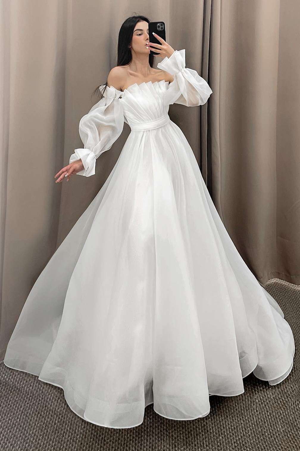 White Off the Shoulder Pleated A-Line Long Wedding Dress with Sleeves