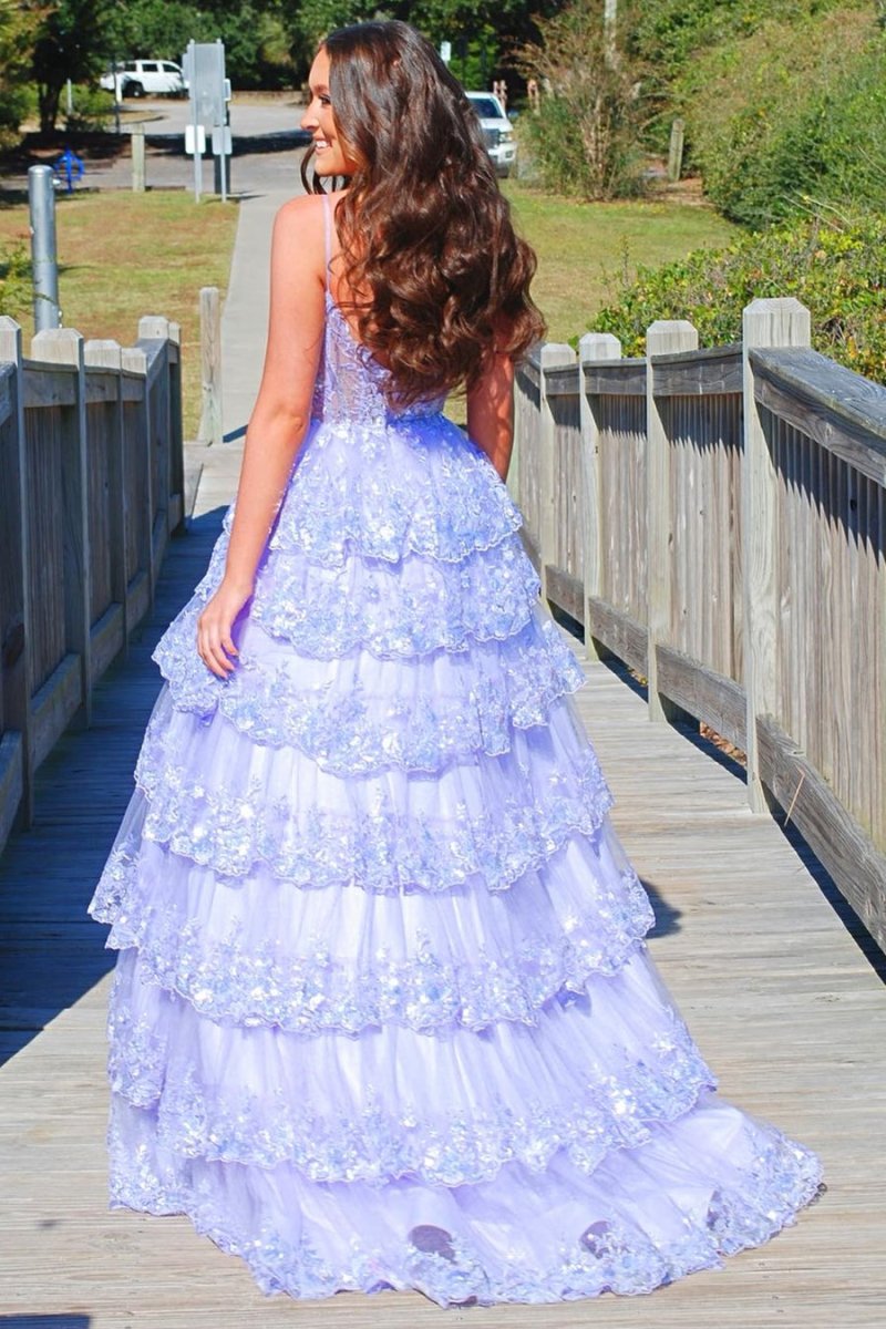 Maryam |A Line Spaghetti Straps Tiered Lace Prom Dress - KissProm