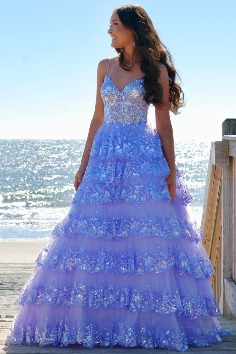 Maryam |A Line Spaghetti Straps Tiered Lace Prom Dress - KissProm