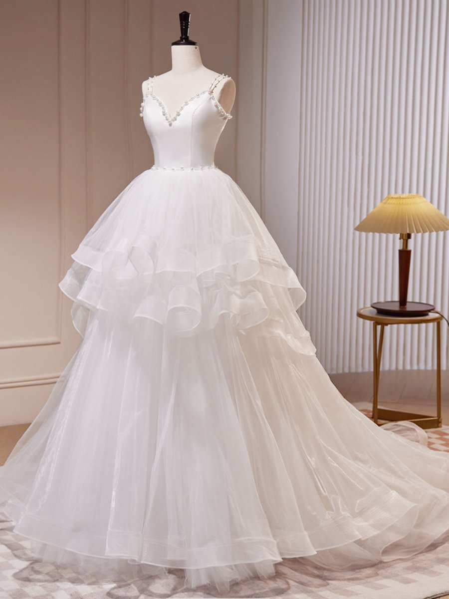 Quinceanera Dress White A - Line Tulle Long Prom Dress White Tulle Sweet Dresses - KissProm