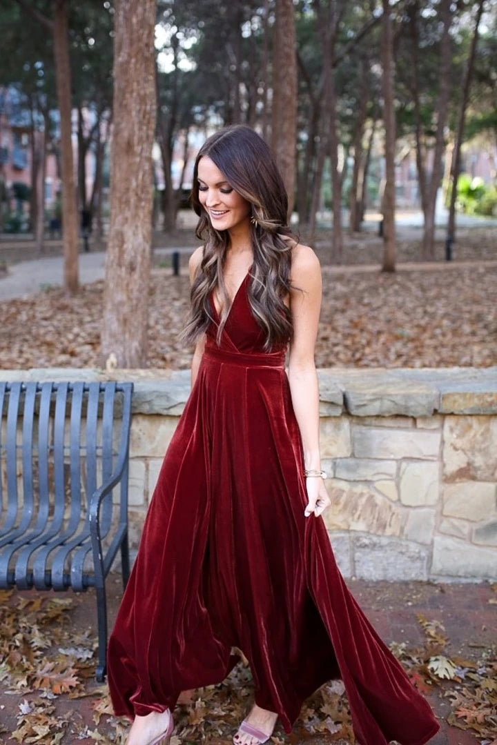 Elegant A-Line Halter Backless Burgundy Velvet Long Bridesmaid Dresses |  KissProm