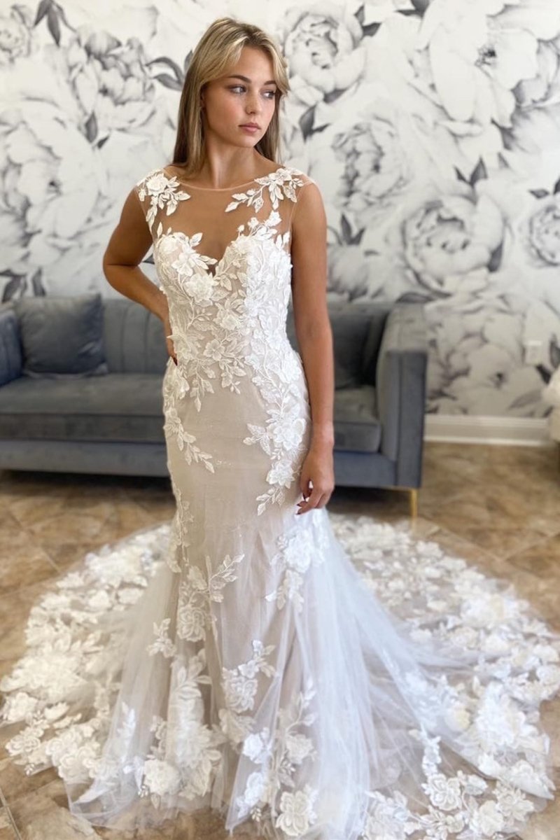 Marianna | White Illusion Neck Appliques Mermaid Long Wedding Dress - KissProm