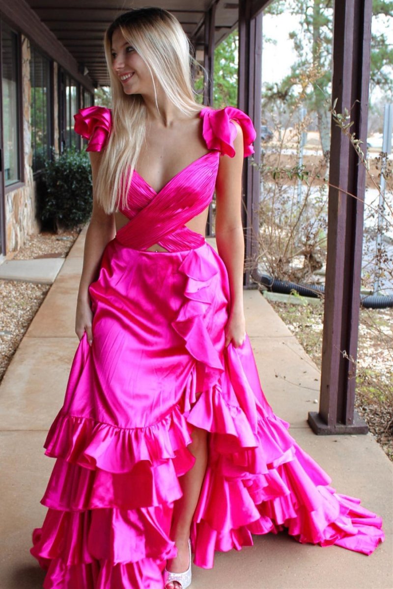 Brittany | Red Cutout Ruffle A - Line Long Prom Dress with Slit - KissProm