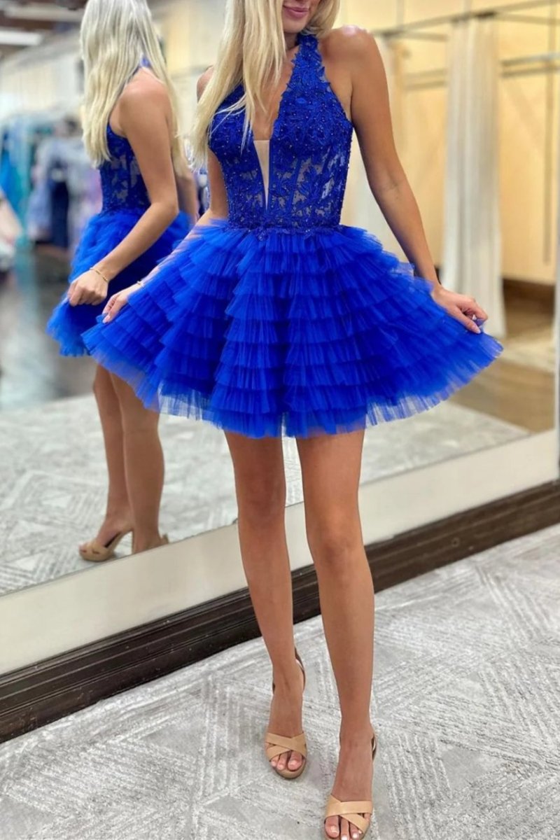 Royal Blue Halter Ruffle Tiered Short Homecoming Dresses Appliques - KissProm