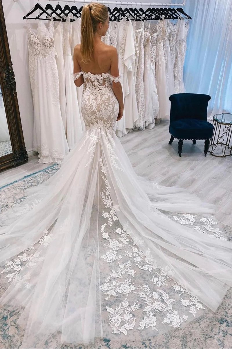 Ivory Off the Shoulder Long Lace Mermaid Wedding Dress - KissProm