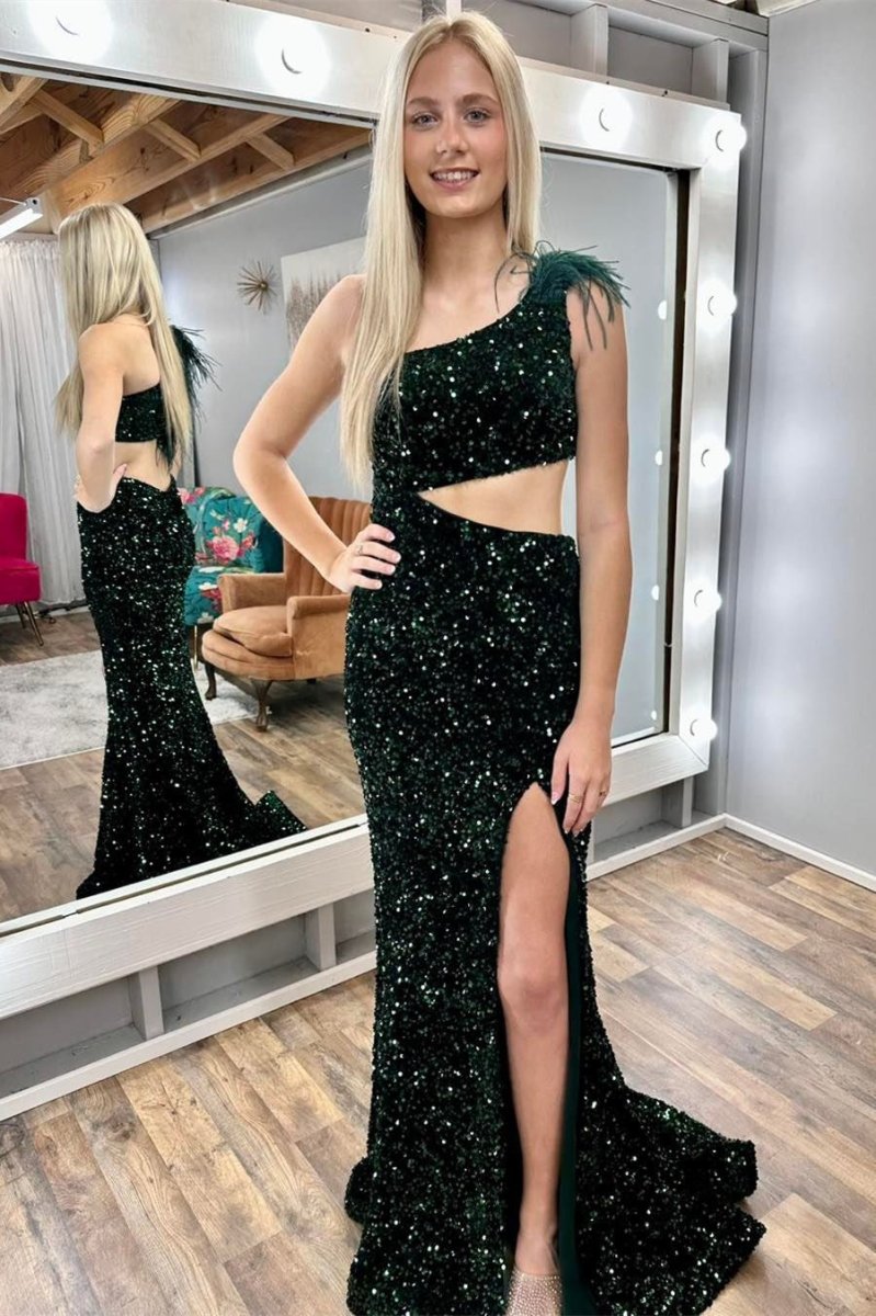 Paola | Sequin Feather One - Shoulder Mermaid Long Dress with Slit - KissProm