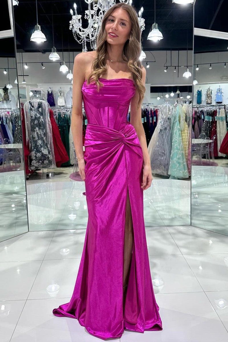 Nadia |Mermaid Strapless Satin Long Prom Dress With Slit - KissProm