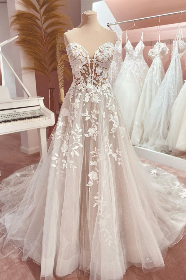 Fairy A Line Sweetheart Tulle Long Wedding Dresses with Appliques - KissProm