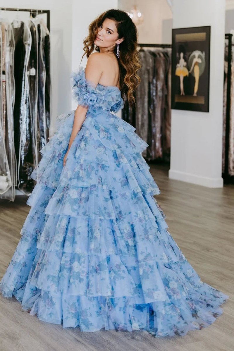 Sigourney | Blue Floral Tiered A - Line Long Prom Dress with Ruffles - KissProm