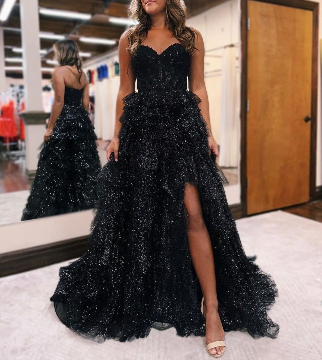 Ariya |A line Off - the - Shoulder Glitter Tulle Prom Dress with Slit - KissProm