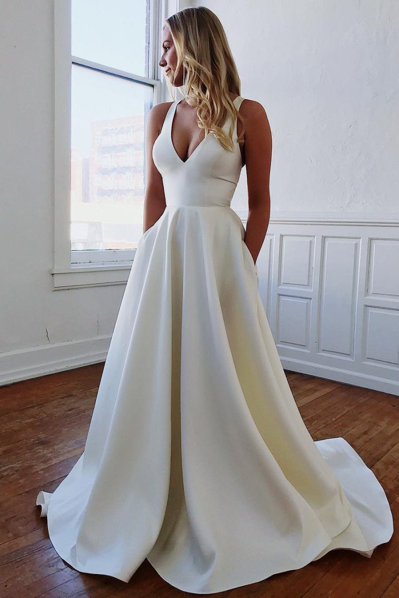 Kendra | A - Line V - Neck White Long Wedding Dress with Bow - Knot - KissProm